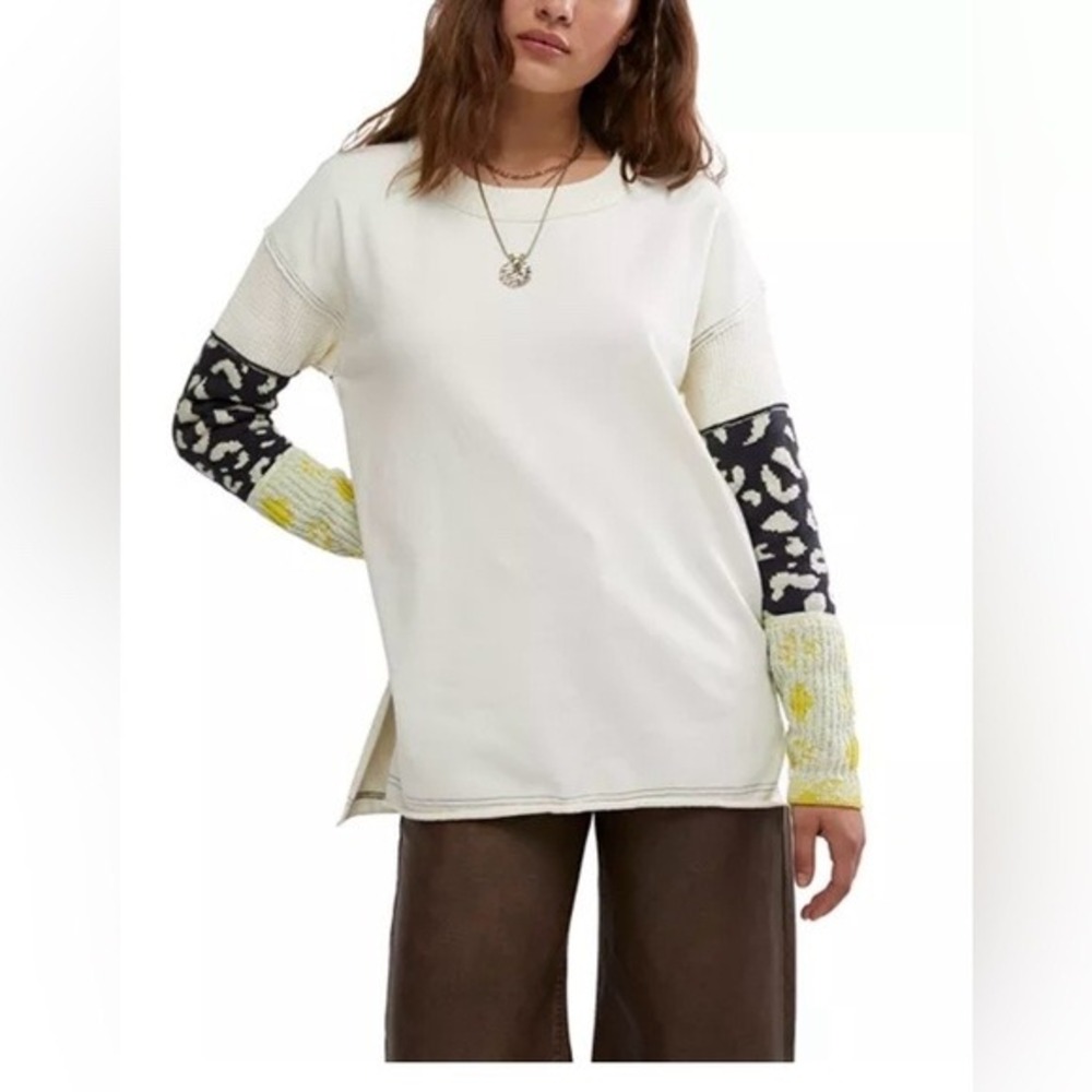 We The Free Free People Mixed Media Knit Leopard Sleeve Pullover Sweater Boho S